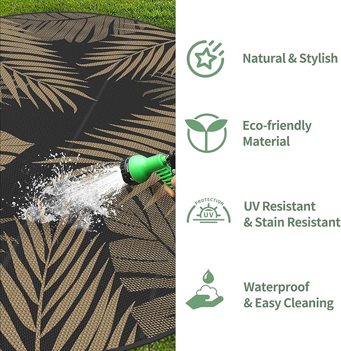 GENIMO Outdoor Rug 8' Round Waterproof for Patios Clearance, Reversible Outdoor Plastic Straw Camping Rug Carpet, Large Area Rugs Mats for RV, Camper, Deck, Balcony, Porch, Beach, Picnic, Black&Brown