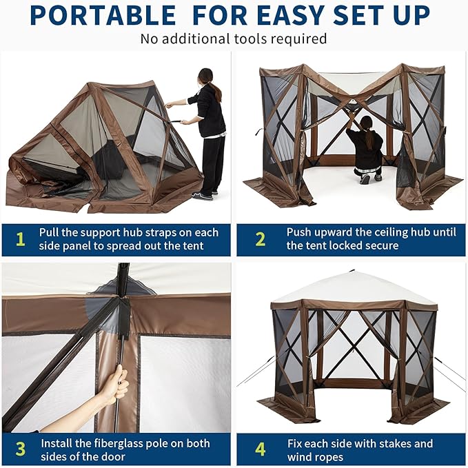 12x12FT Portable Gazebo Tent with Mosquito Netting - Instant Setup Canopy Shelter, 6 Sidewalls & Carry Bag, Stakes for Camping, Backyard, Lawn Events