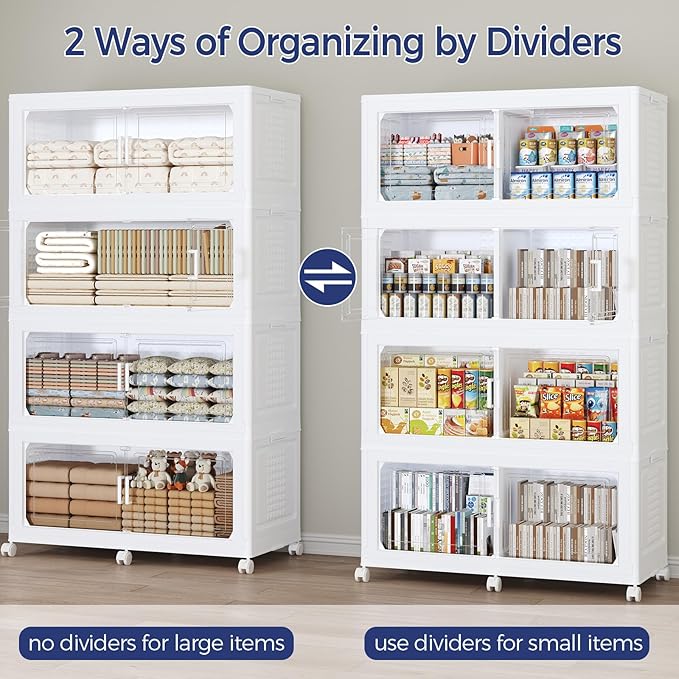 200GAL Extra Large Storage Bins with Lid, 800Qt Stackable Closet Organizers and Drawers, Collapsible Storage Bins with Wheels, Folding Storages Cabinet for Home Bedroom Office, 4Pack White