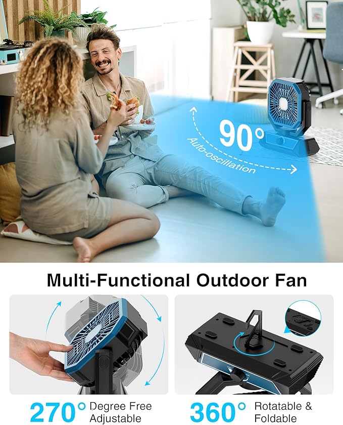 Portable Camping Fan with 20000mAh Rechargeable Battery, USB-C Battery Powered Fan for Indoor Outdoor Use, Ultra Quiet Battery Operated fan for Travel, Tent, Beach, Picnic, BBQ, Desk, Home