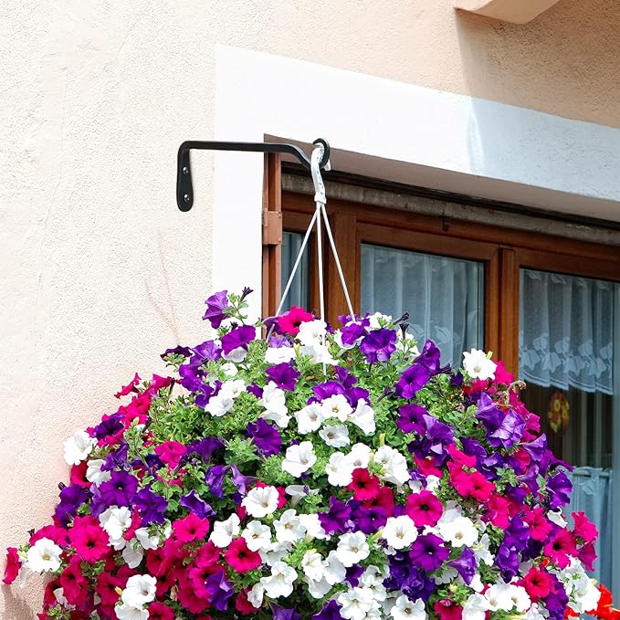 Worth Garden 6-Pack 7" Plant Hanger Bracket - Forged Wrought Iron Powder-Coated Heavy Duty Wall Hook - Black Hanging Hooks - Durable and Stable for Bird Feeders, Planters Indoor & Outdoor