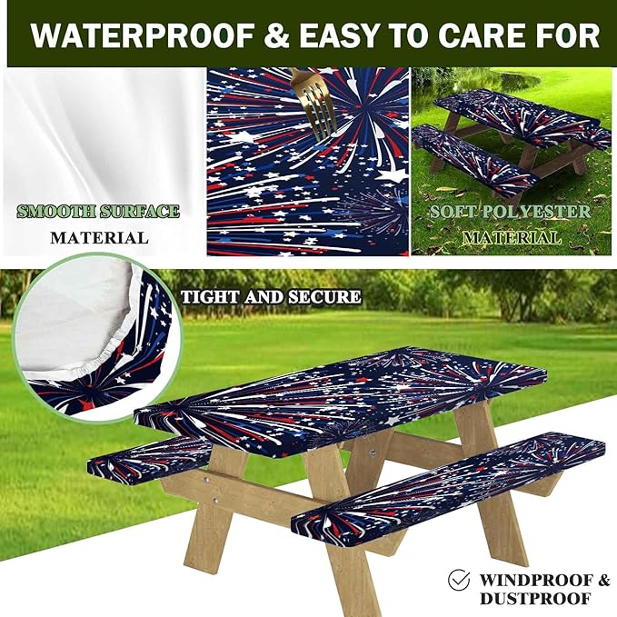 CAPSCEOLL Elastic Picnic Table Cover with Bench Covers 5Ft Waterproof Fitted Picnic Table Cover Cloths for Outdoors Camping Tablecloth with Drawstring Bag, 60X30in, Fireworks