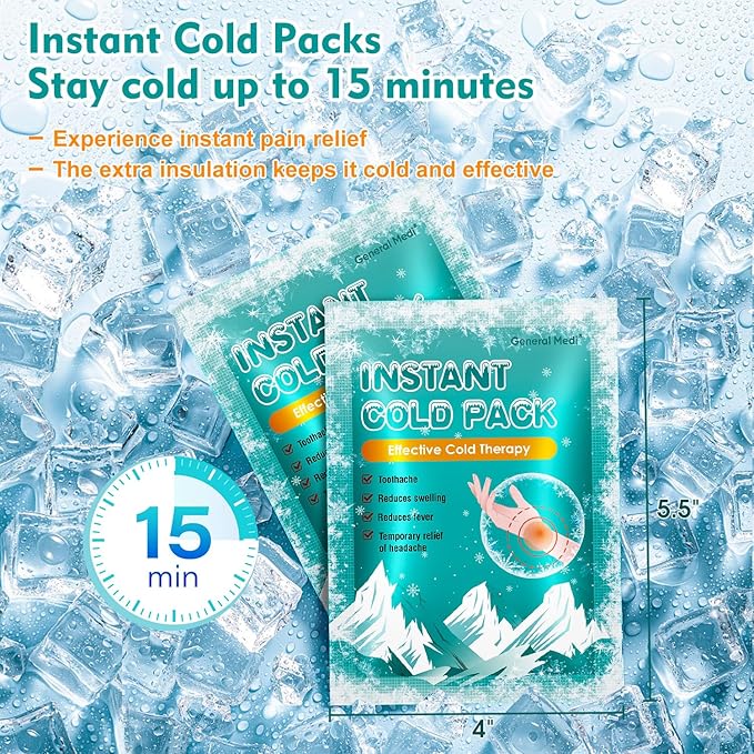 General Medi Instant Ice Cold Pack (4”x 5.5”) – 50 Packs Disposable Cold Therapy Ice Packs for Pain Relief, Swelling, Inflammation, Sprains, Toothache – for Athletes & Outdoor Activities