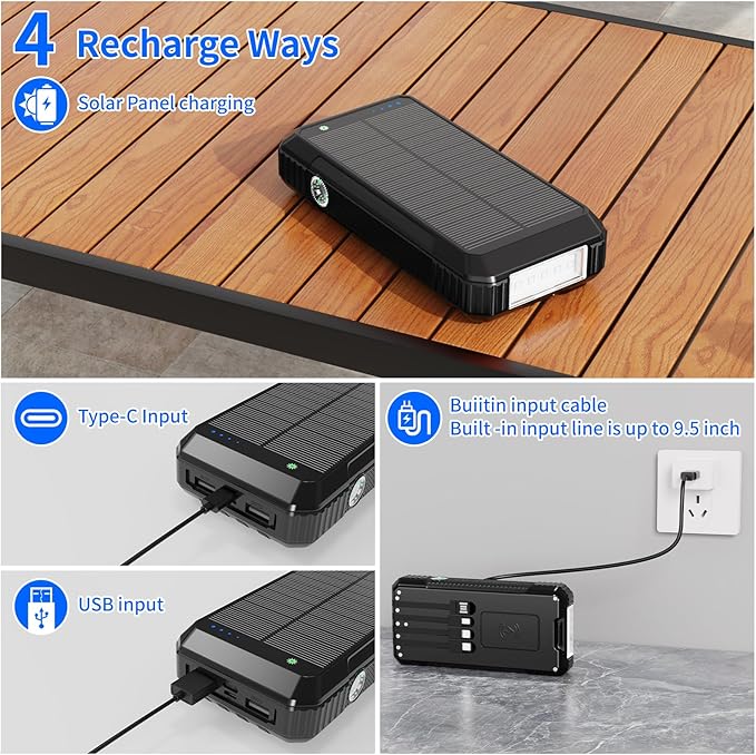 Solar Charger Power Bank 49800mAh, Portable Phone Charging Built-in 4 Cables 22.5W Fast Charging for Cell Phones, Type-C input/Output Port Solar Panel Charger with Dual Flashlights&Compass for Camping