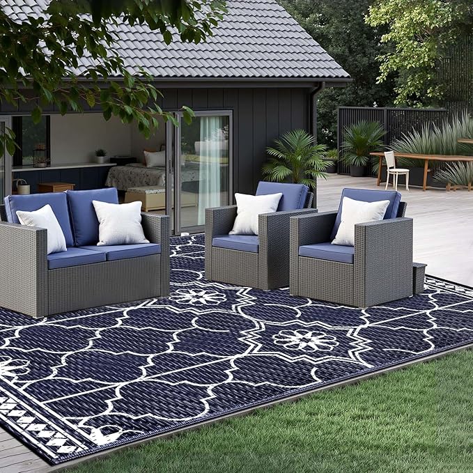 Outdoor Rug 6x9Ft, Waterproof Outdoor Patio Rug for House Deck Reversible Plastic Straw Mat for RV Camping Picnic Beach Balcony (Blue White)