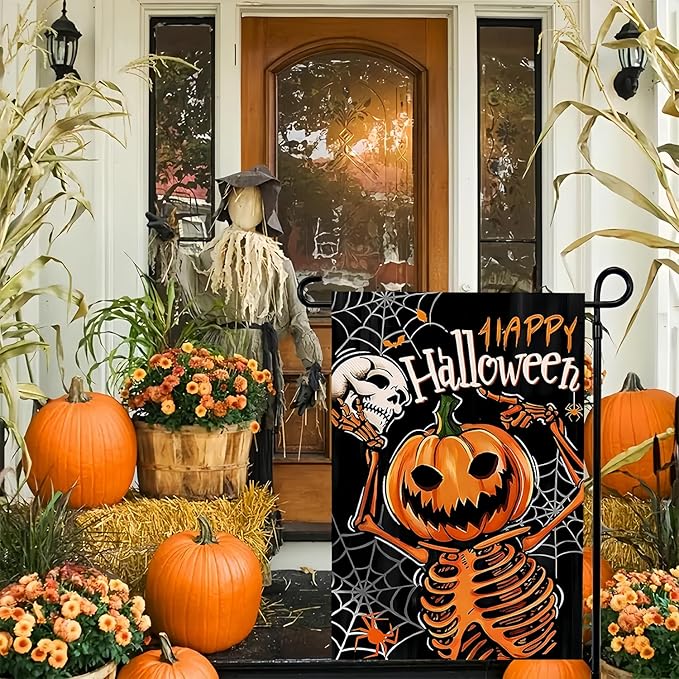 Happy Halloween Garden Flag 12X18 Inch Double Side, Skull Pumpkin Lantern Yard flag,Outside Small Garden Flag Decorative, Outdoor Outside Flag for Holiday Patio Courtyard Lawn