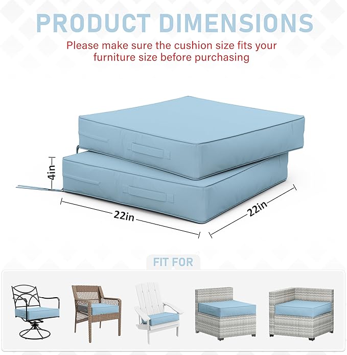 Patio Chair Cushions 22 X 22 X 4 Inch Waterproof Outdoor Seat Cushions for Patio Furniture, Outdoor Sofa Couch Pads with Ties & Handle, Set of 2, Light Blue