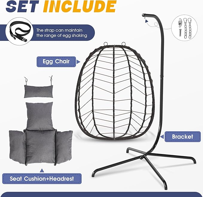 Egg Chair with Stand, Patio Wicker Bifanuo Hanging Chair, Hammock Swing Chair, 350LBS Capacity for Bedroom, Balcony, Garden(BR-GR)