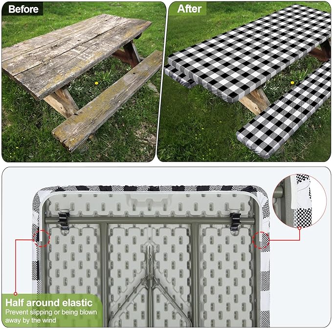 Picnic Table Cover with Bench Covers Camping Essentials Waterproof Windproof Camping Tablecloth with Drawstring Bag, Fitted Rectangle Tables and Seats, 60in, White Black Checkered