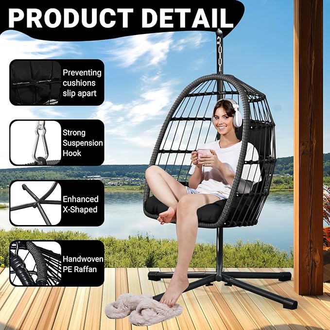 LEVELEVE Egg Chair with Stand,Patio Rattan Wicker Hanging Swing Egg Chair Hammock Chair for Bedroom Porch Garden,Thickened Aluminum Alloy Steel Frame and UV Resistant Cushion,350LBS Capacity