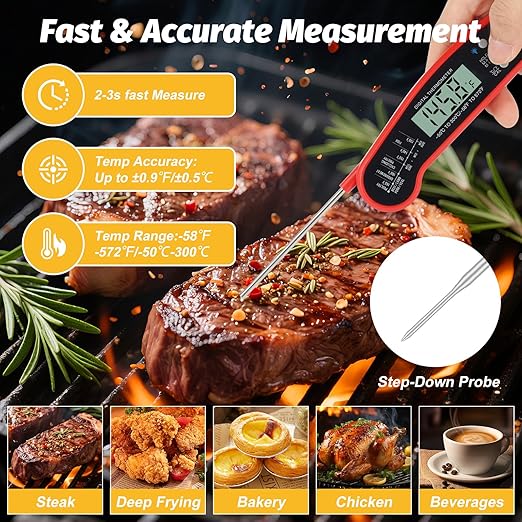Meat Thermometer Digital, Waterproof Instant Read Cooking Thermometer with LCD Backlight, Magnetic Back & Bottle Opener for Kitchen, Baking, Sous Vide, Outdoor Grilling,Candy Making