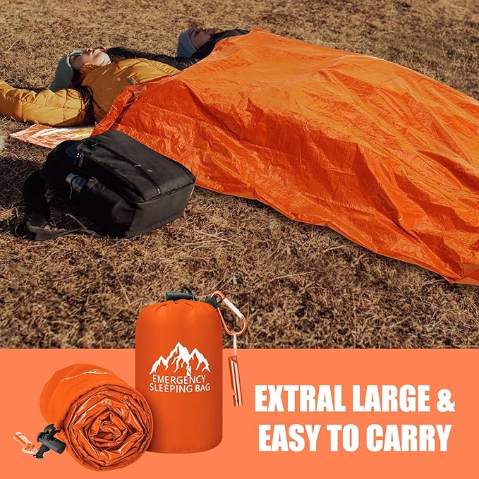 Oudain 6 Pcs XL Emergency Sleeping Bag 94.5" x 49.2" Waterproof Survival Sleeping Bag with Whistle Carabiner Portable Thermal Bivy Sack Emergency Blankets for Camping Hiking Outdoor