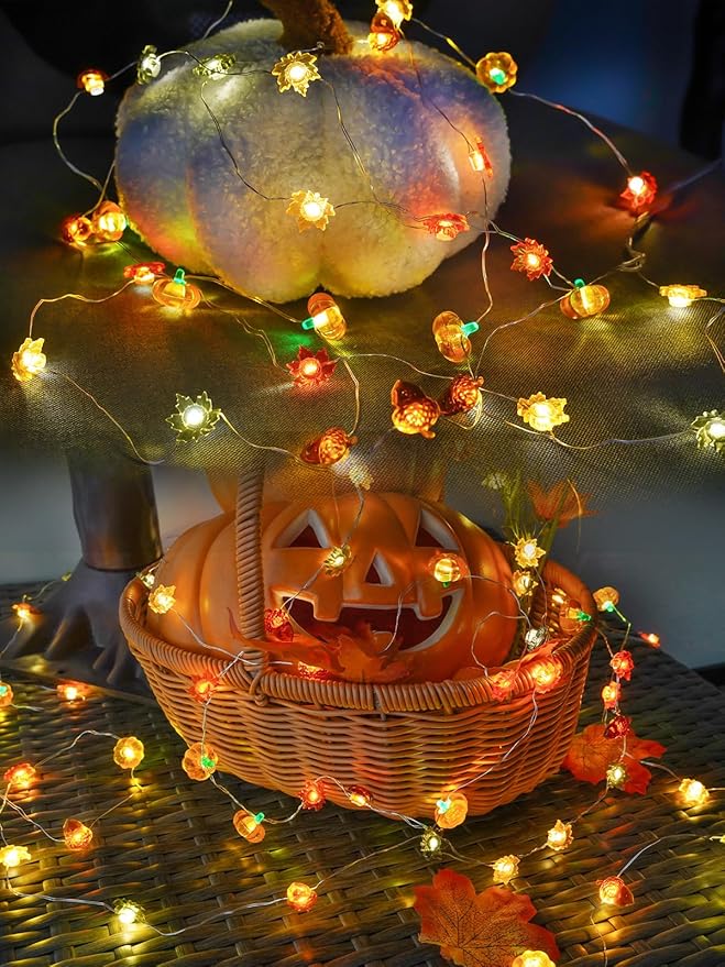 Fall Decorations 3D Pumpkin Acorn Maple Leaf Fairy Lights Battery Operated with Remote, 10FT 30 LED String Lights Outdoor & Indoor, Waterproof 8 Modes for Garland Harvest Thanksgiving Halloween Decor