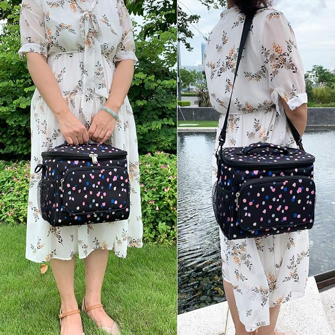 FlowFly Insulated Reusable Lunch Bag Adult Large Lunch Box for Women and Men with Adjustable Shoulder Strap,Front Zipper Pocket and Dual Large Mesh Side Pockets,BlackFlower