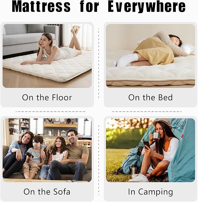 Japanese Floor Futon Mattress, Tatami Mat Sleeping Pad, Shikibuton, Mattresses Topper, Boys Girls Roll Up Dormitory Mattress, Foldable & Portable Floor Lounger Bed, Guest Bed (Cream, Full)