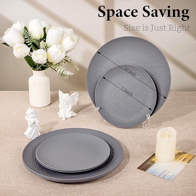 WONDERFUL 32pcs Dark Grey Plastic Plates Reusable Plates Unbreakable and Dishwasher safe Dishes Set Outdoor Plate Includes:16 Dinner 10" and 16 Dessert Plate 7.3" Suitable for BBQ & Camping