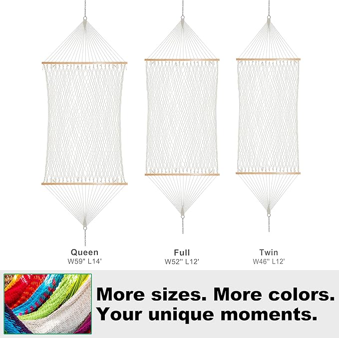12ft Double Hammocks, Handwoven Traditional Cotton Rope Hammock with Hardwood Spreader Bar, Chains and Hooks for Indoor Outdoor, Max 450 lbs Capacity (Beige, Full)