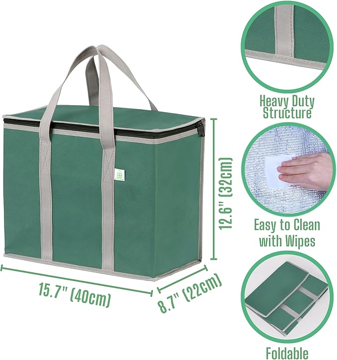 VENO 3 Pack Cooler Bag Insulated Reusable Grocery Shopping Bag, Food Delivery, Heavy Duty, Large Size, Durable Handles, Double Zippers, Lid, Collapsible (Green, 3 Pack)