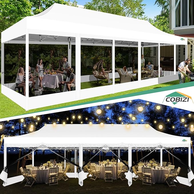 COBIZI 10x30 Canopy Tent with 8 Sidewalls,Heavy Duty Pop up Canopy Party Tent with Mosquito Netting,Easy up Screen Canopy for Parties Wedding Outdoor Patio with Roller Bag,Sandbag,White