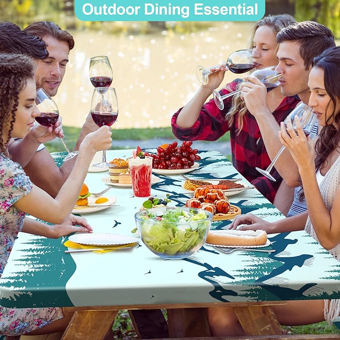 Picnic Table Cover with Bench Covers Portable Table Cloth Built-in Storage Pocket Picnic Table Covers with Elastic Waterproof Camping Essentials for RV Camping