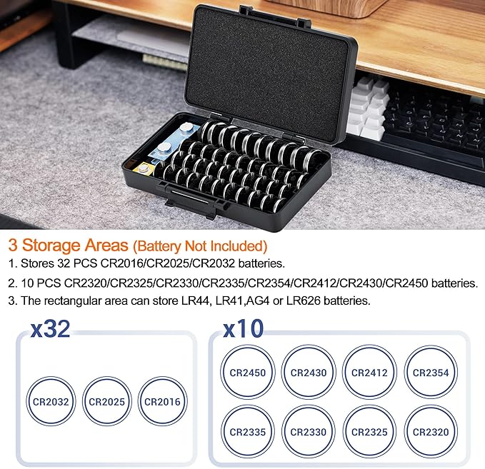 KIWIFOTOS 42 Slots Coin Cell Battery Case for CR2032 CR2025 LR44 Shockproof CR2016 CR2320 CR2325 CR2330 CR2335 CR2354 CR2412 CR2430 CR2450 Button Battery Holder, Battery Not Included