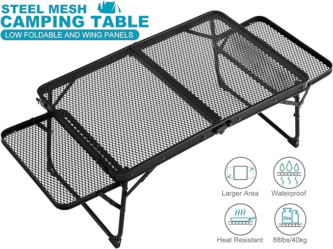 Small Low Camping Table with 2 Wing Panels, Folding Low Picnic & Outdoor Table with 2 Shelves, Lightweight & Easy Carry for Beach, Fishing, Sturdy Steel Mesh Top (3 FT, Black)