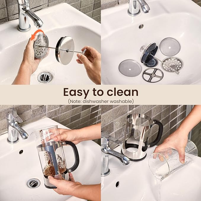 BAYKA 34oz French Press Cold Brew Coffee Maker, Heat and Cold Resistant Thickened Borosilicate Glass Stainless Steel Press Percolators, Iced Tea Pot Pitcher for Kitchen Travel Camping,1 Liter,Silver