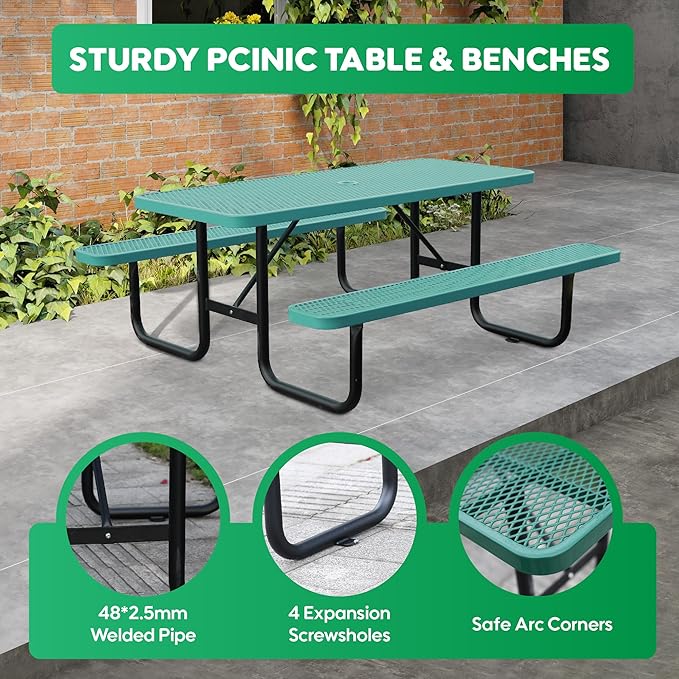 4FT Metal Picnic Tables for Outdoors, Commercial Rectangular Picnic Table and Bench Set for Outside, Patio, Garden, Backyard, Porch, Surface Mount, Green