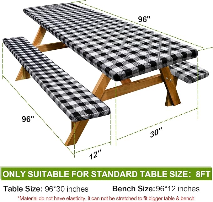 Picnic Table Cover with Bench Covers Camping Essentials Waterproof Windproof Camping Tablecloth with Drawstring Bag, Fitted Rectangle Tables and Seats, 96in, White Black Checkered