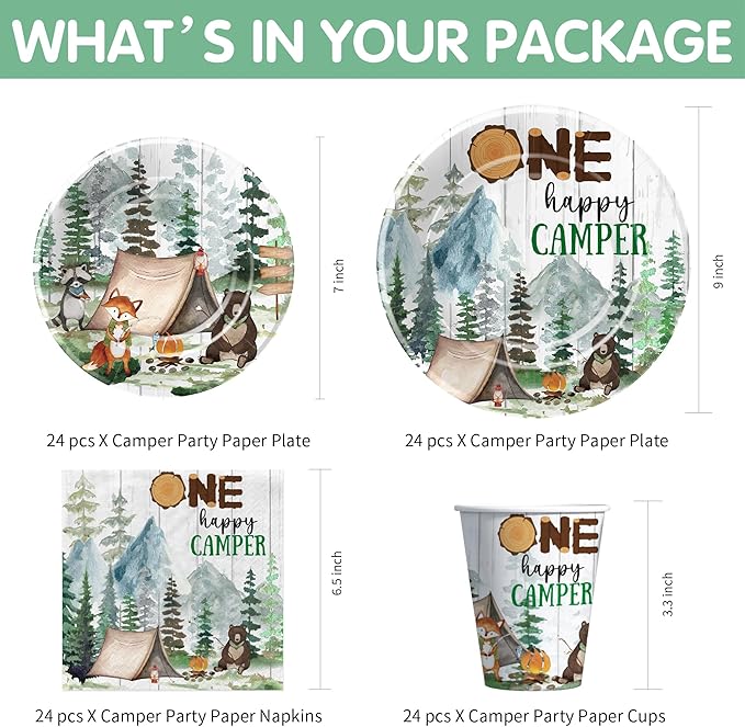 Camping Party Decorations Supplies For 1st Birthday, Adventure Camping Theme One Happy Camper Birthday Decorations Tableware, Paper Plate, Cup, Napkin, Tablecloth, Cutlery | Serves 24