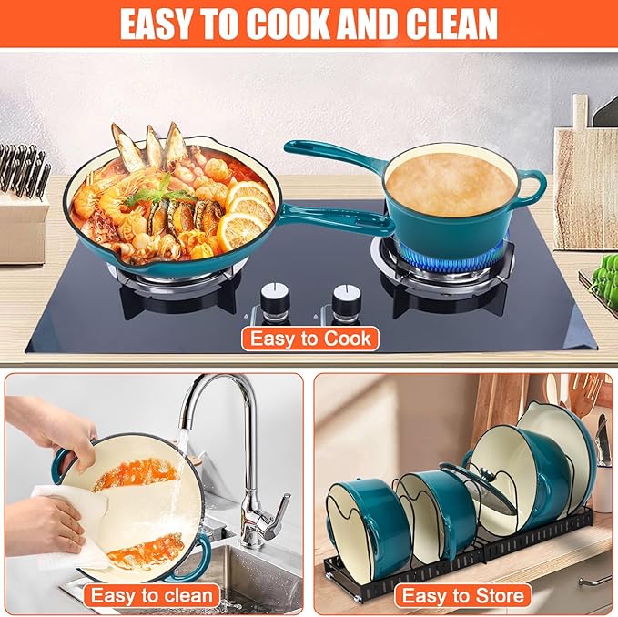 QuliMetal Nonstick Enameled Cast Iron Cookware Set, 7Pcs Pots and Pans with Lid, Frying Pan Skillet, Saucepan, Healthy Dutch Oven for Sourdough Bread Baking, Oven Safe up to 500° F or on All Stovetop