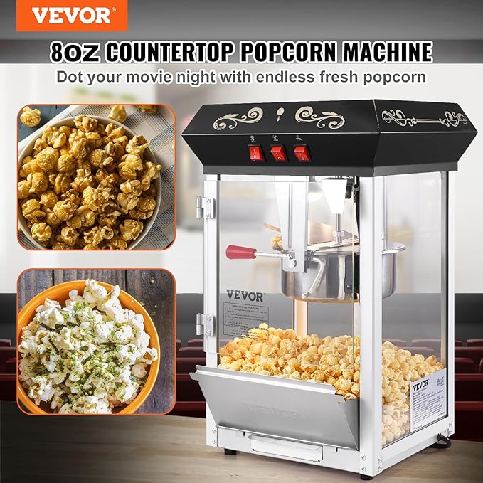VEVOR Popcorn Maker, 850W Popcorn Popper Machine, 8 Oz Kettle Makes 48 Cups per Batch, Countertop Popcorn Maker with Tempered Glass, Includes 4 Scoops, Movie Theater Style, Black