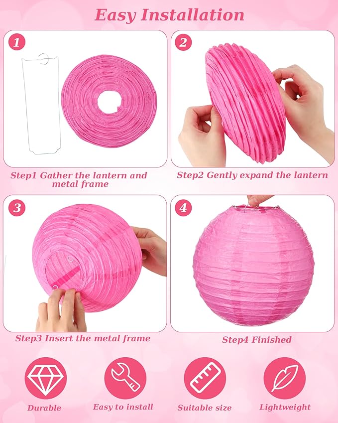 Treela 48 Pcs Paper Lanterns Party Decorations Chinese Round Paper Lanterns 4/6/8/10 Inch Asian Hanging Lamps Decorative for Birthday Party Supplies (Pink Series)