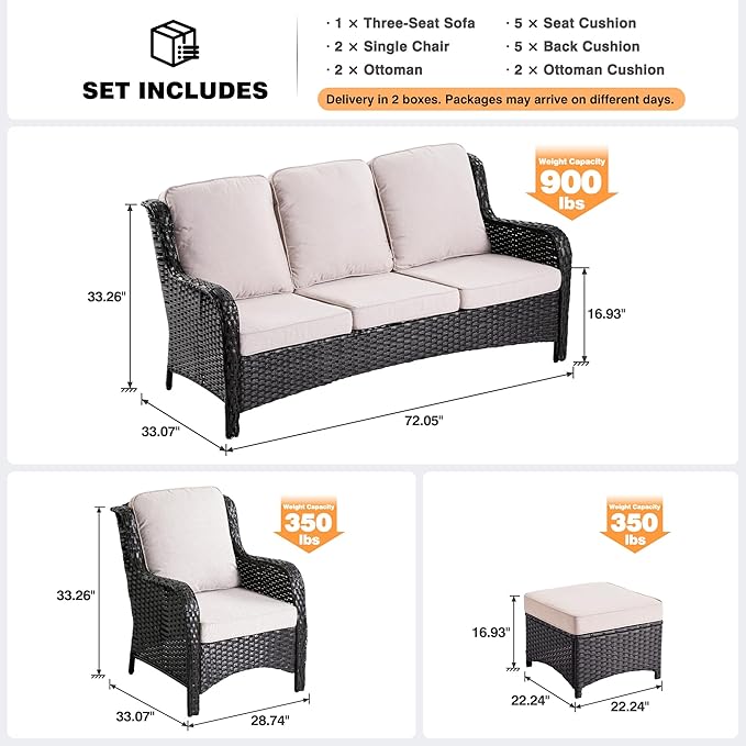 ovios 7 Pieces Patio Furniture Set, Outdoor Wicker Sofas with 4 Chairs, Ottomans and Comfy Cushions, All Weather High Back Couch Set for Deck Porch, Brown Rattan, Beige