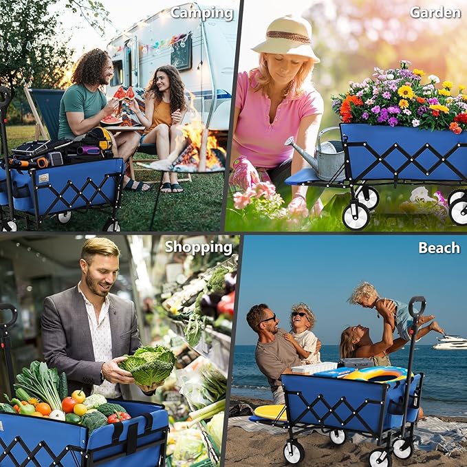 Folding Wagon Cart with Wheels and Tailgate, 330 lbs 120 l Capacity, Adjustable Handle, Portable Collapsible Utility Wagon Cart for Groceries, Outdoor Camping, Shopping, Garden (Blue)