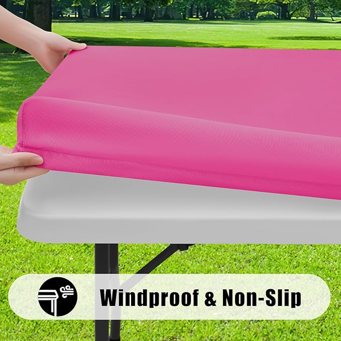 Smiry 2 Pack Rectangle Picnic Table Cloth, Waterproof Elastic Fitted Tablecloths, Washable Polyester Rectangular Patio Table Cover for Camping, Indoor and Outdoor (Rose Pink, 30"x72")