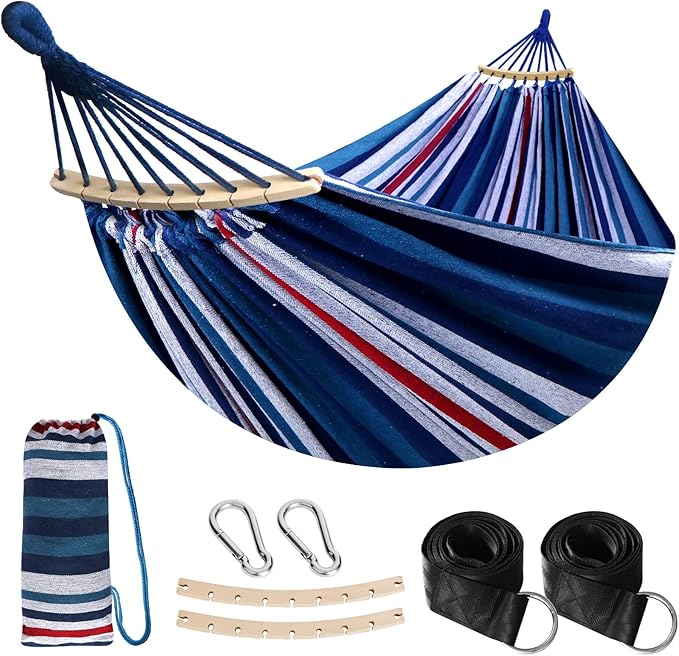 Anyoo Garden Cotton Hammock Comfortable Fabric Hammock with Spreader Bar Sturdy Hammocks Up to 450lbs Portable Lightweight Hammocks with Travel Bag for Camping Outdoor/Indoor Patio Backyard