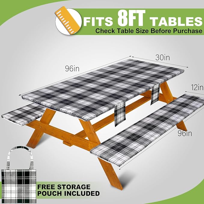 Fitted Picnic Table Cover with Bench Covers Waterproof Elastic Edges Rectangle Patio Tablecloth Outdoor Camping Essentials Stuff Rv Accessories Summer Trip Travel Camper Gifts for Woman Men, 96in 8 ft