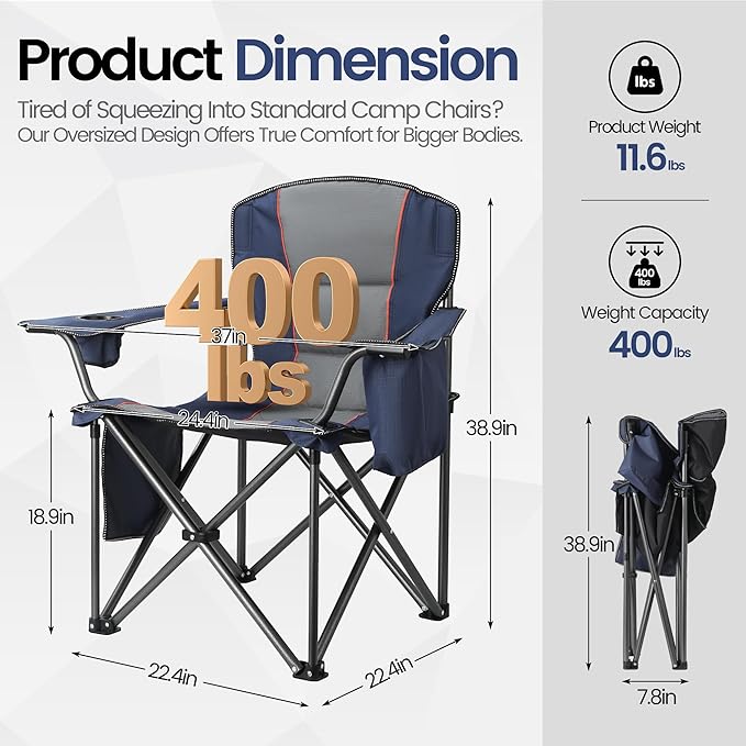 2 Pack Heavy Duty Oversized Camping Chair for Adults 400lbs w/Lumbar Support - Folding Chairs with Side Pocket, Cup Holder & Cooler Bag for Beach, Fishing, Lawn, Backyard Navy Blue