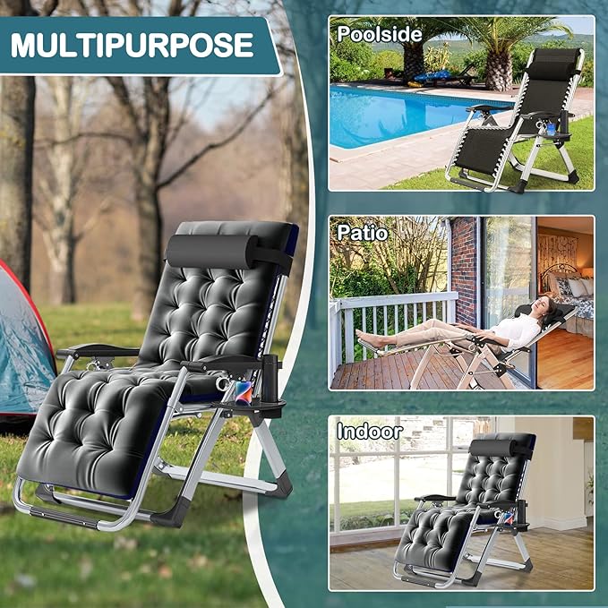 NAIZEA Padded Zero Gravity Chair, Folding Outdoor Lounge Chairs, Adjustable Reclining Camping Chairs with Cup Holder, Ergonomic Patio Lawn Chair for Balcony Beach Deck Yard