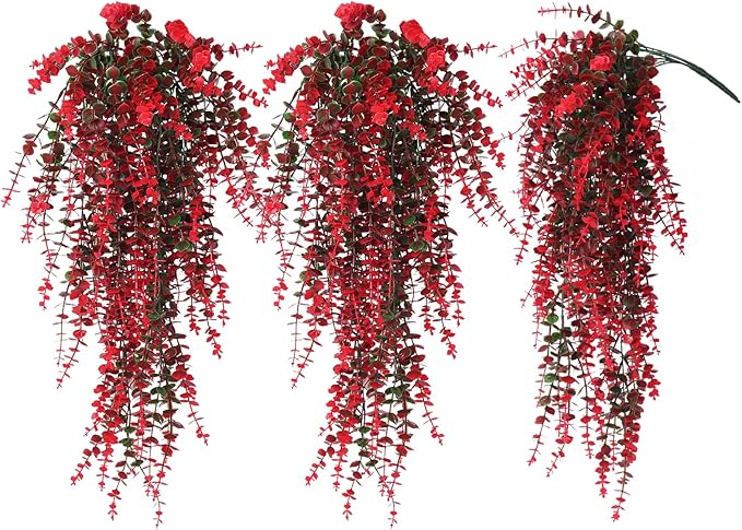 Hanging Artificial Plants Fake Vine Hanging Eucalyptus Leaf Plant Artificial UV Resistant Hanging Green Plant Faux Plants Hanging Wall Decor Outdoor Front Door Yard Garden Porch Decorations(Red)