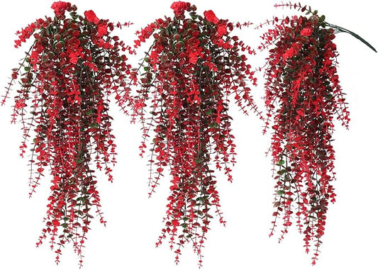 Hanging Artificial Plants Fake Vine Hanging Eucalyptus Leaf Plant Artificial UV Resistant Hanging Green Plant Faux Plants Hanging Wall Decor Outdoor Front Door Yard Garden Porch Decorations(Red)