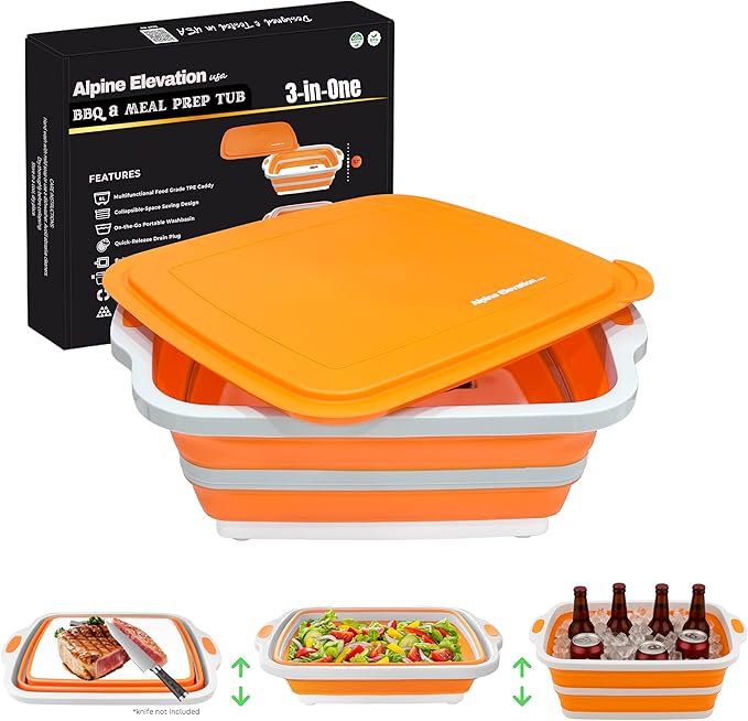 Collapsible Large (8L) BBQ Marinating Tub w/Cutting Board | Multipurpose Food-Grade TPE Prep Tub w/Lid | Built-in Colander & Drain Plug - for Camping | Tailgate | Picnic - Bold Orange