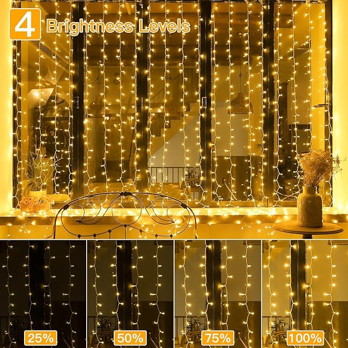 Ollny 2 Pack Curtain String Lights Warm White, 400LED 6.6x6.6ft Fairy Lights With Remote 8 Modes, Hanging Outdoor Waterproof, USB Power Wall for Bedroom Indoor Backdrop Window