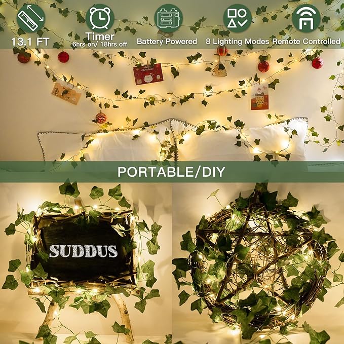 suddus Vine with Fairy Lights Battery Operated, 13.1ft 40 LED Ivy String Light with Remote, Leaf Lights for Bedroom, Room, Wall, Garden, Party, Wedding Decor (Warm White)