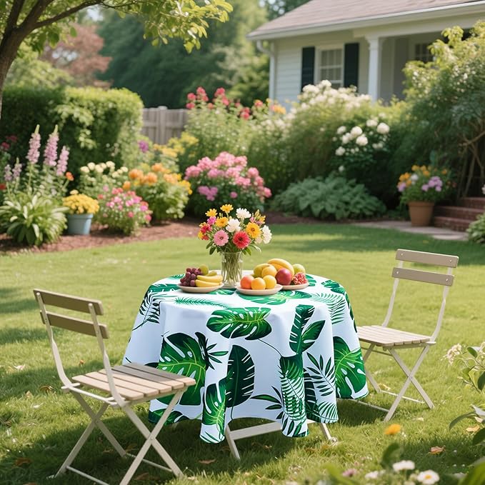 Poise3EHome 60 inches Outdoor/Indoor Waterproof Tropical Round Tablecloth Green for Camping Picnic Party Patio Table Spring, Palm Leaf