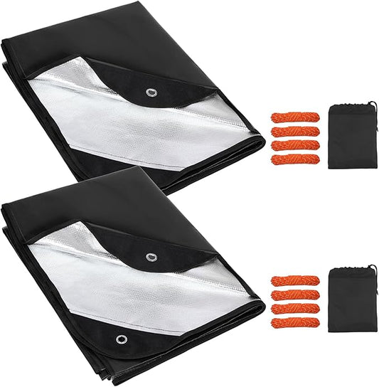 RedSwing 2 Pack Heavy Duty Waterproof Emergency Thermal Tarp, Insulated Survival Blanket for Outdoor Camping, Hiking, and Emergency Shelter, Black