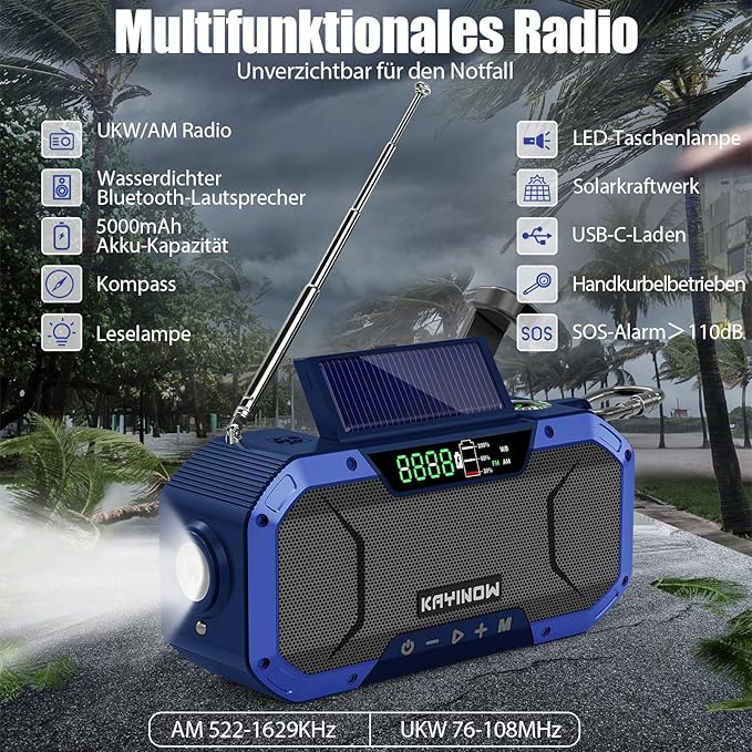 Hand Crank Emergency Weather Radio Solar Power with AM FM NOAA,Wind Up Flashlight,Cell Phone Charger, 5000mAh Rechargeable Battery,SOS Alarm,Portable,Waterproof,for Survival,Storm and Power Outage