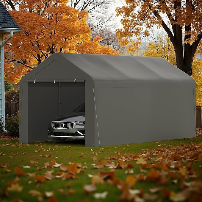 Carport, 10‘ x 20’ Heavy Duty Portable Garage All-Season Car Canopy w/Removable Sidewall & Doors, Carport Canopy Party Tent w/Water-Resistant Tarp for Backyard (Grey, 10‘ x 20’)