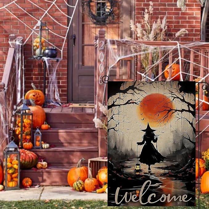 Halloween Garden Flag for Outside 12x18 Inch Double Sided, Witch Small Yard Flags for Outside, Outdoor Welcome Flag Front Porch Decorations for Home